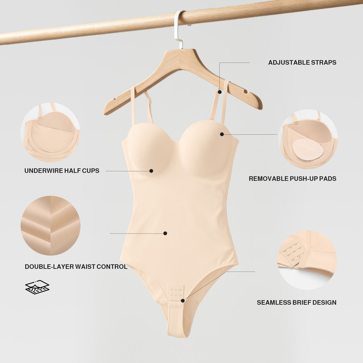 Detachable Straps Abdomen Shaping Push up Bodysuit