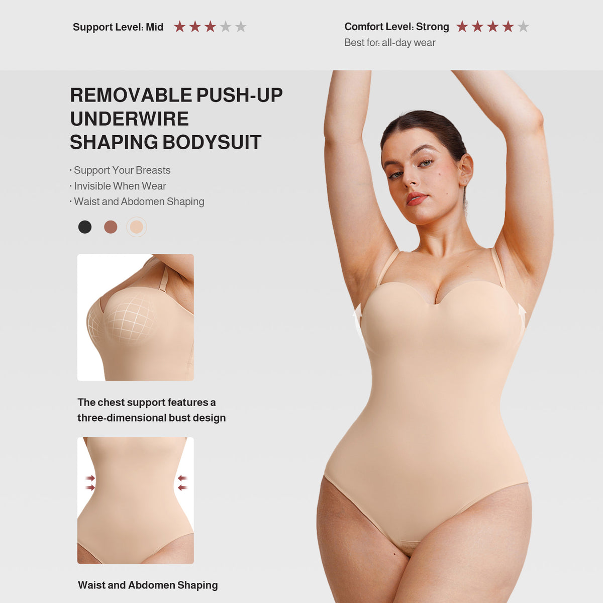 Detachable Straps Abdomen Shaping Push up Bodysuit